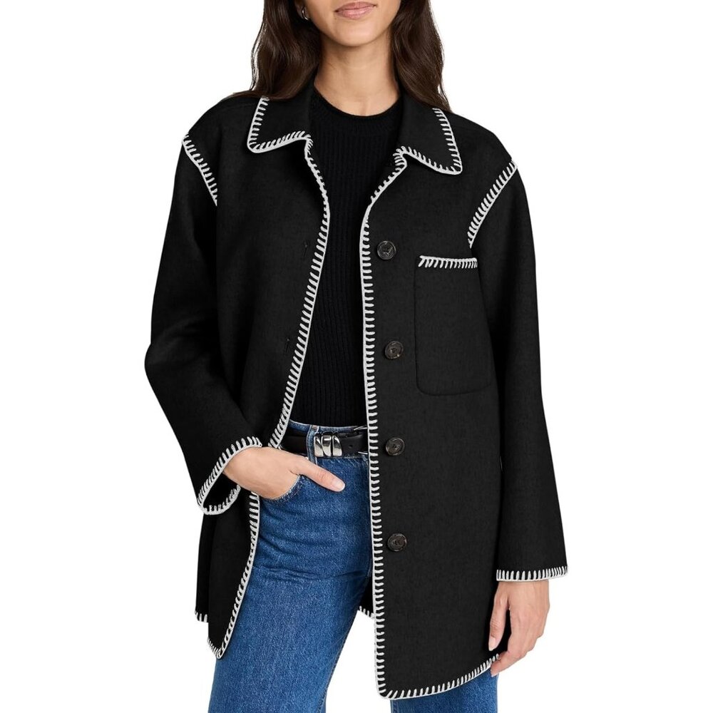 ✨ Women's Black Winter Trendy Warm Mid Length Wool Pea Coat Casual Lapel Jackets